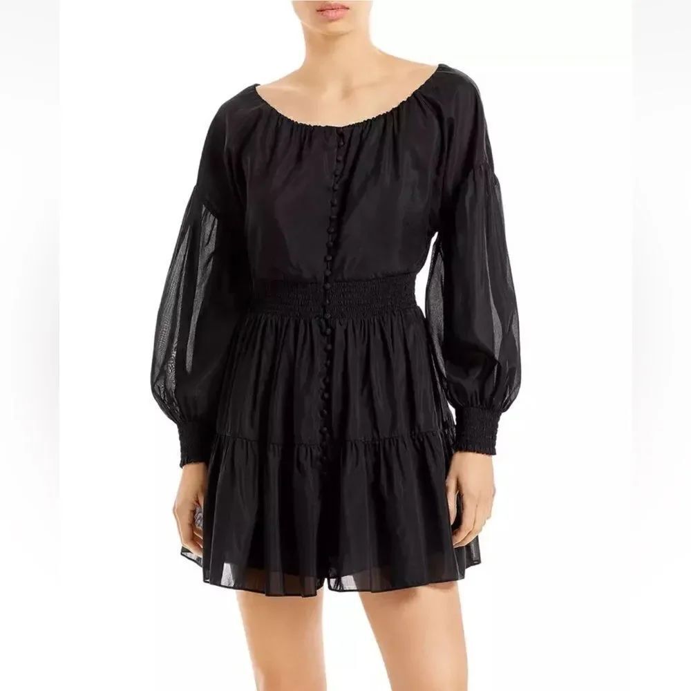 Alice + Olivia Mini Dress Size 0 Black Silk-Blend Tiered Long Sleeve